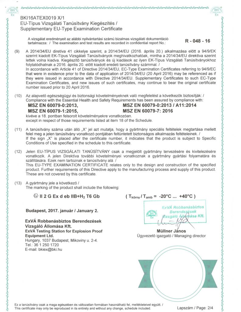 BKI-EX kiegészítő EU-típus vizsgálati tanúsítvány 2.oldal